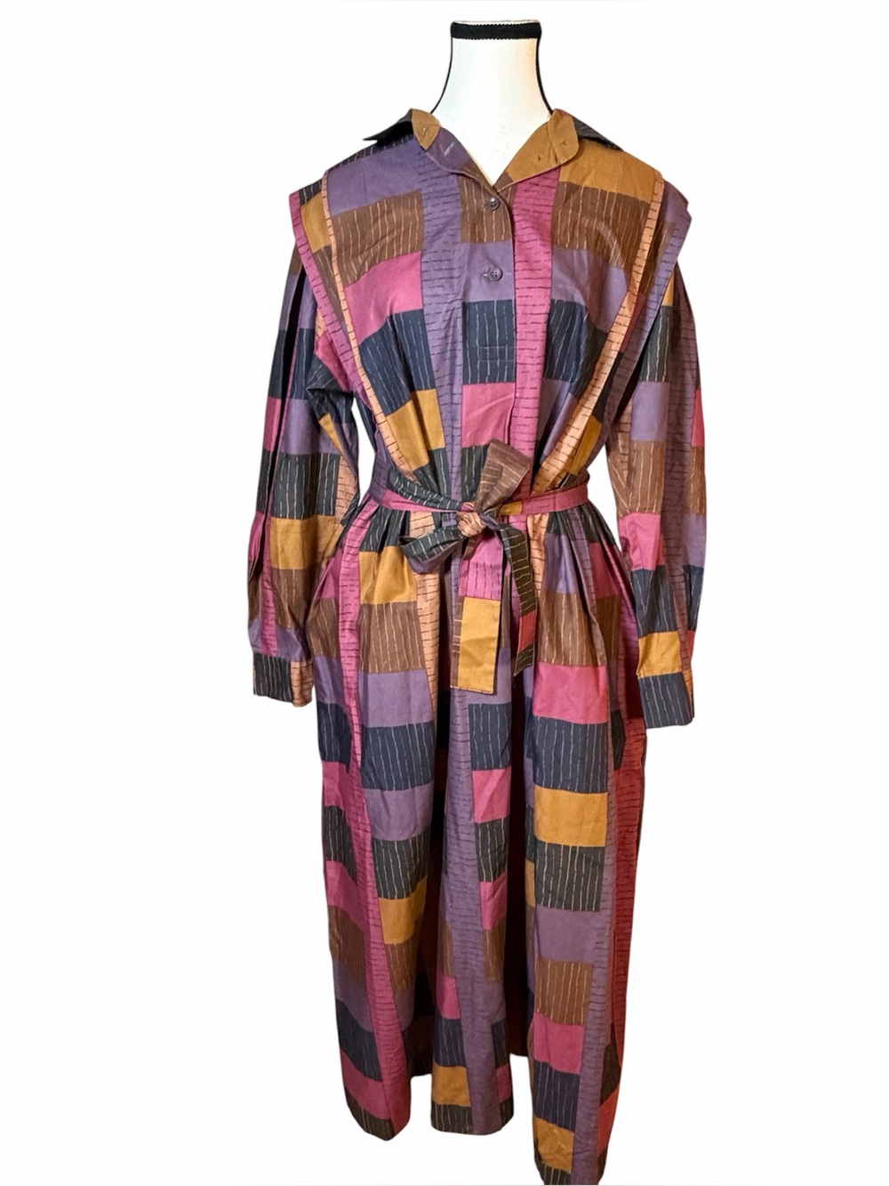 VTG 1970s Marimekko Finland Cotton Geometric Color Block Belted Shirt Dress L 12
